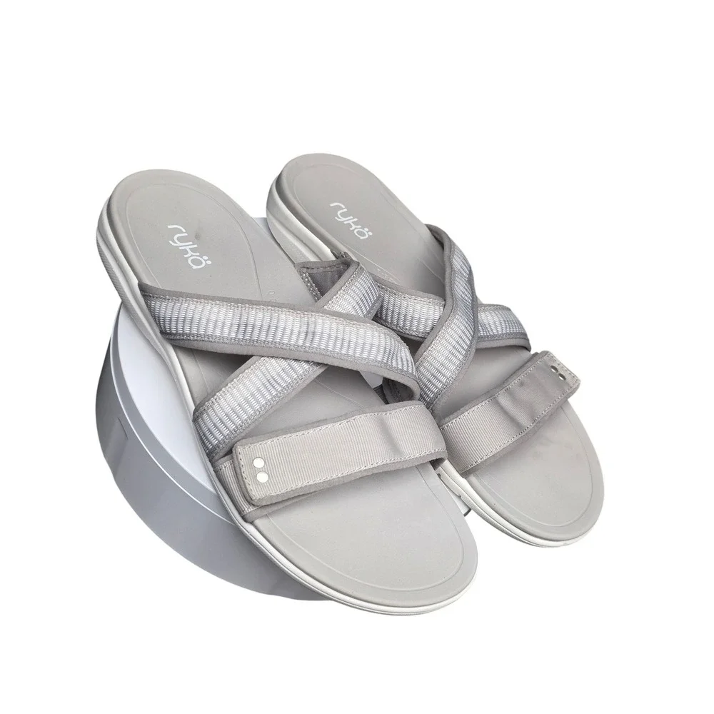 Ryka Sage Sandals 9M Grey Q-Contour Footbed Athletic Slide Strappy Walking